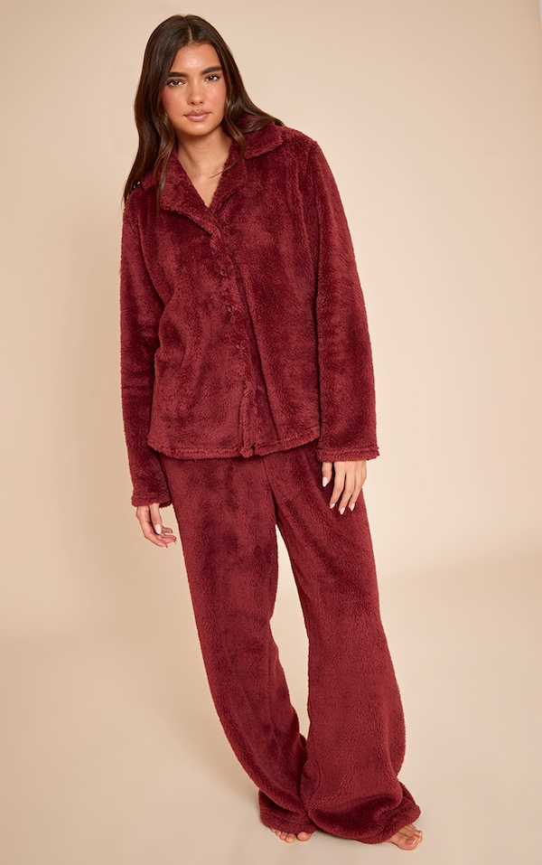 Burgundy Button Up Fleece Pajama Set