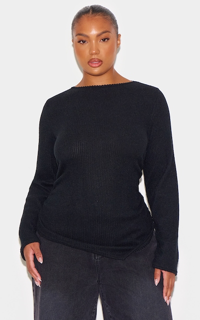 Plus Black Brushed Rib Long Sleeve Asymmetrical Hem Top