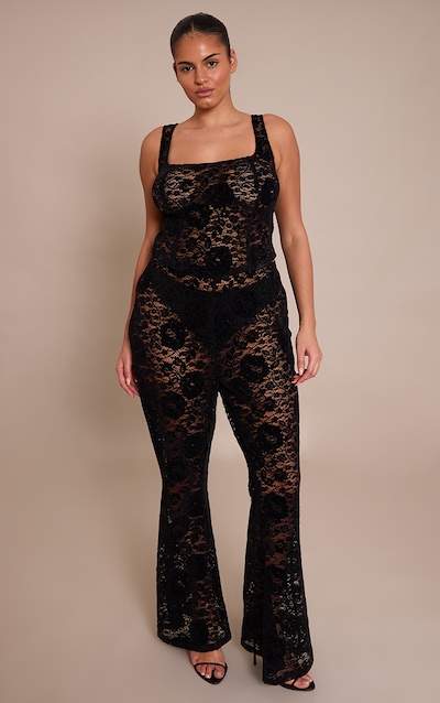 Plus Black Lace Mid Rise Skinny Flares