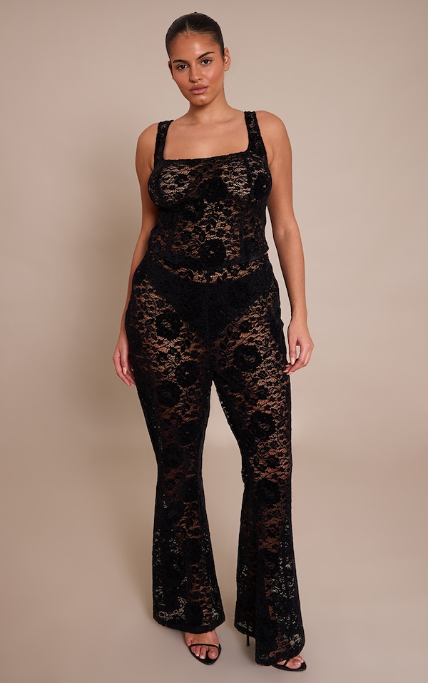 Plus Black Lace Mid Rise Skinny Flares