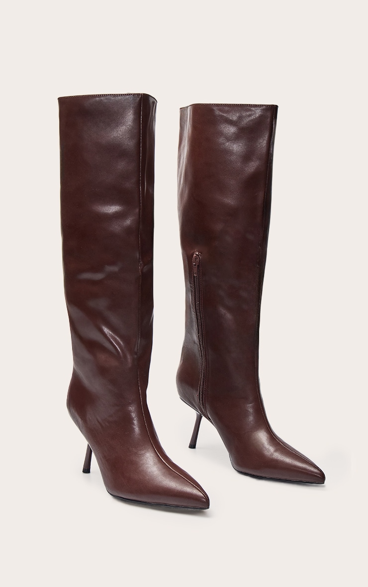 Chocolate PU Point Toe Stiletto Knee High Boots image 3