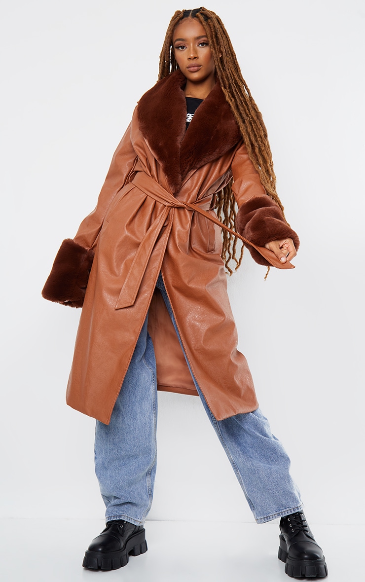 Tan PU Detachable Faux Fur Midi Trench