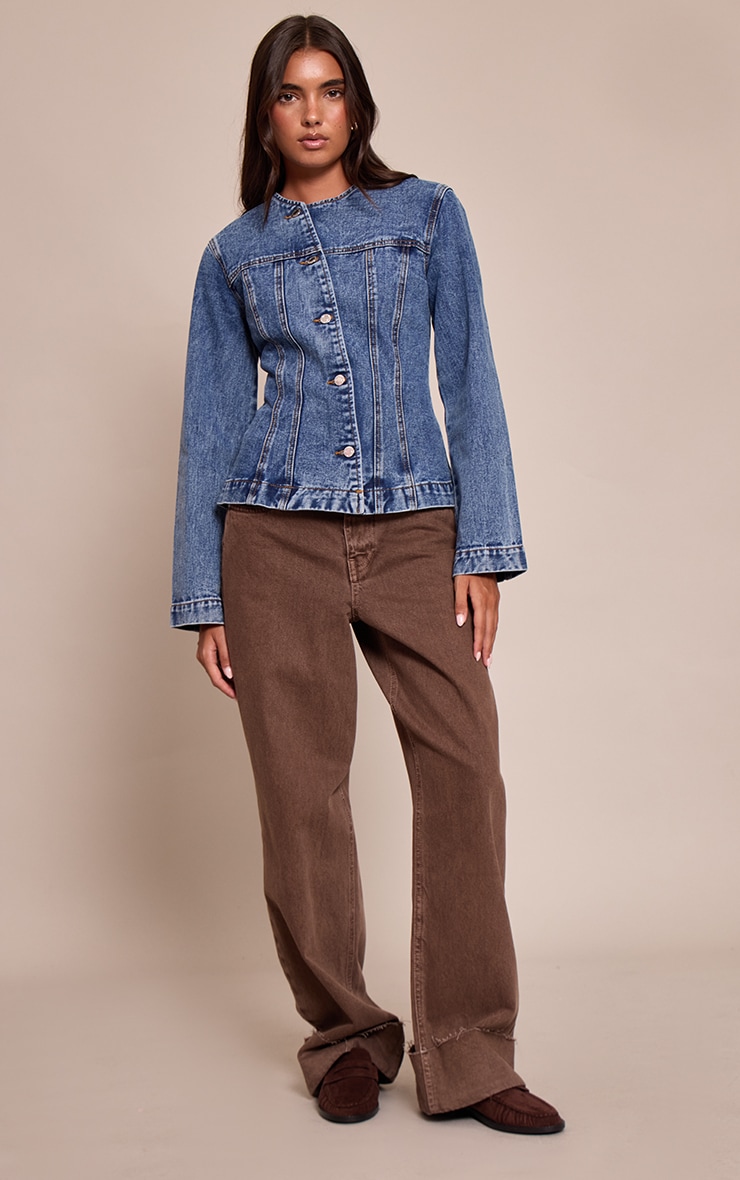 Mid Blue Wash Asymmetric Button Collarless Denim Shirt image 3