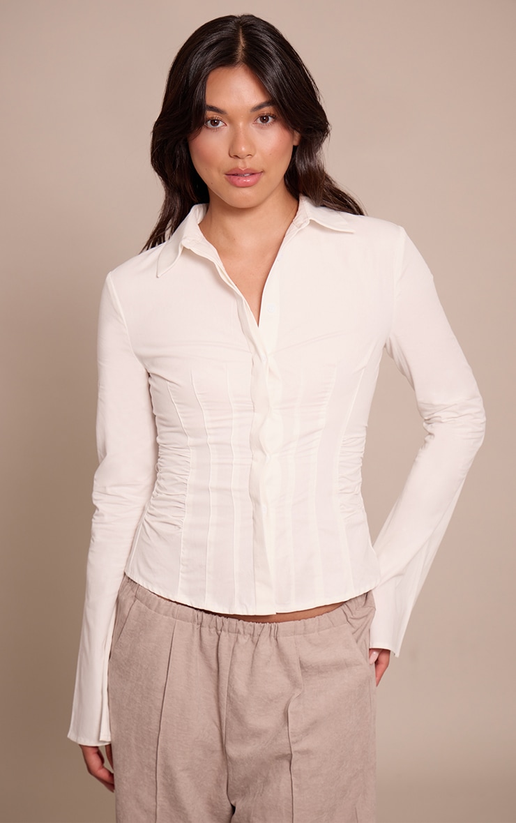 White Ruched Waist Detail Flared Sleeve Shirt image 1