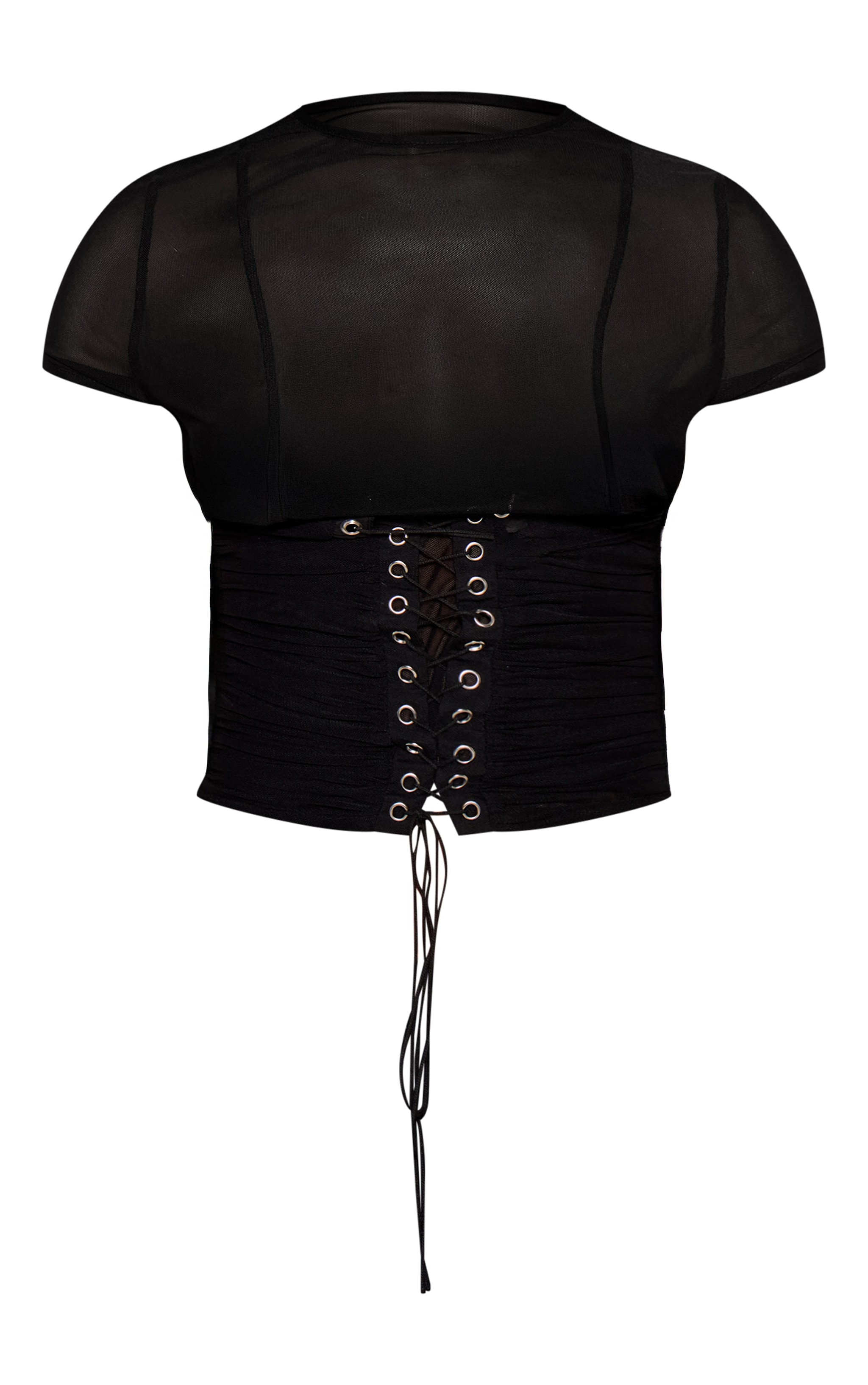 Petite Black Mesh Lace Up Front Top image 5