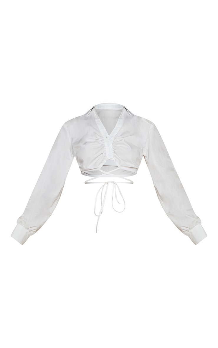 White Woven Ruched Front Tie Waist Shirt image 5