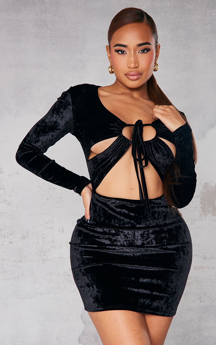 Shape Black Crushed Velvet Tie Front Cut Out Bodycon Dress image 3