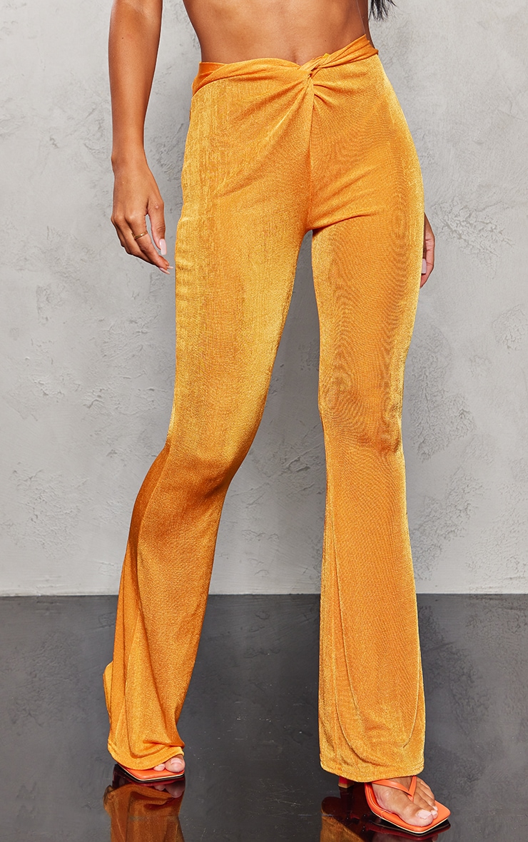 Bright Orange Slinky Acetate Twist Front Flares Bottoms PLT