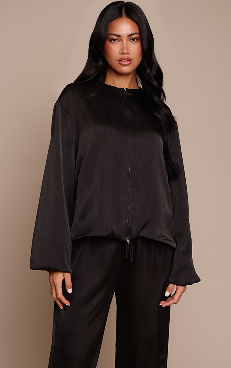 Black Textured Satin High Neck Jacket image 1