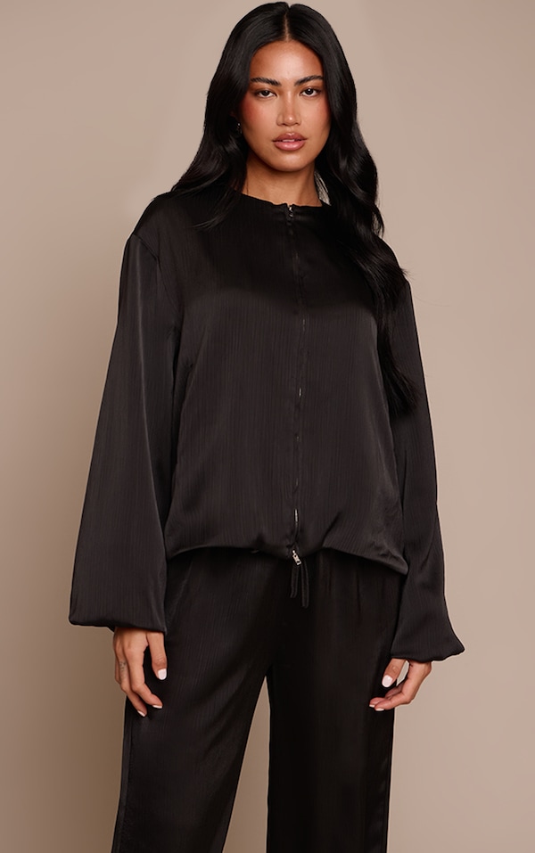 Black Textured Satin High Neck Jacket