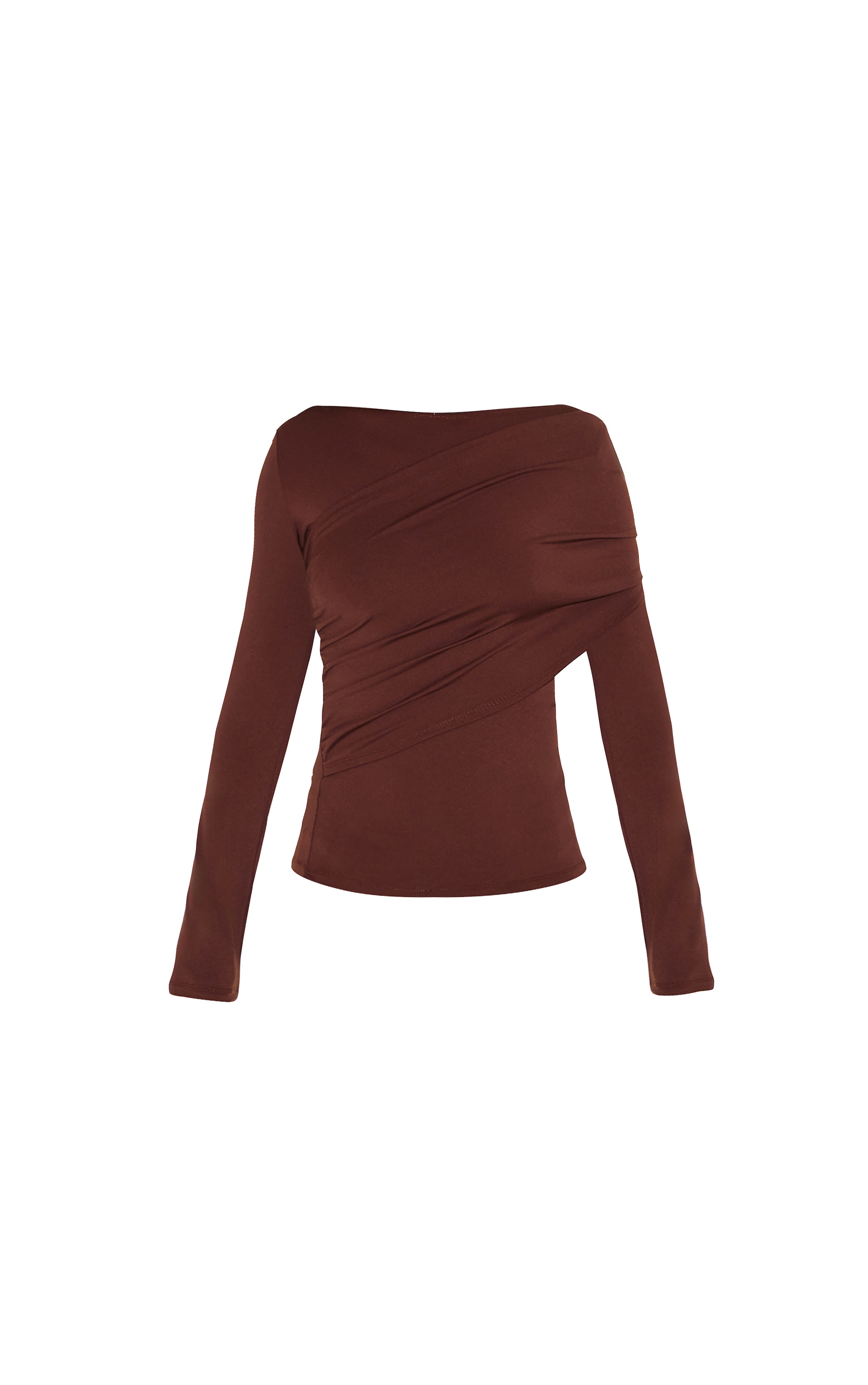 Petite Chocolate Slinky Drape Detail Long Sleeve Top image 5