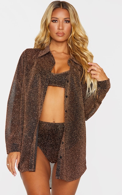 Brown Glitter Oversized Beach Shirt