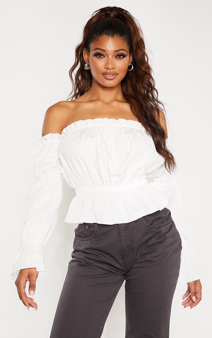 Tall White Bardot Frill Detail Long Sleeve Blouse