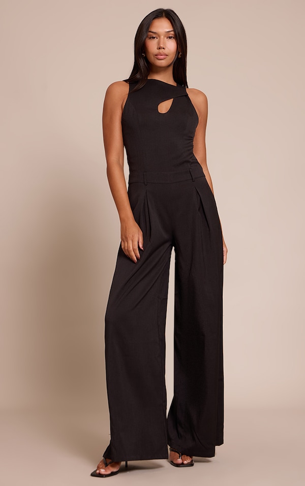 Black Woven Key Hole Wide Leg Jumpsuit