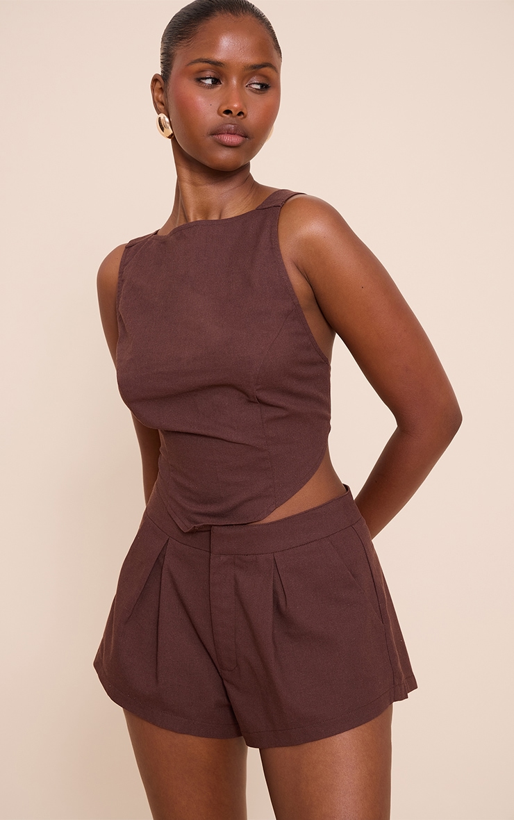 Dark Brown Linen Look Woven Open Back Top image 2