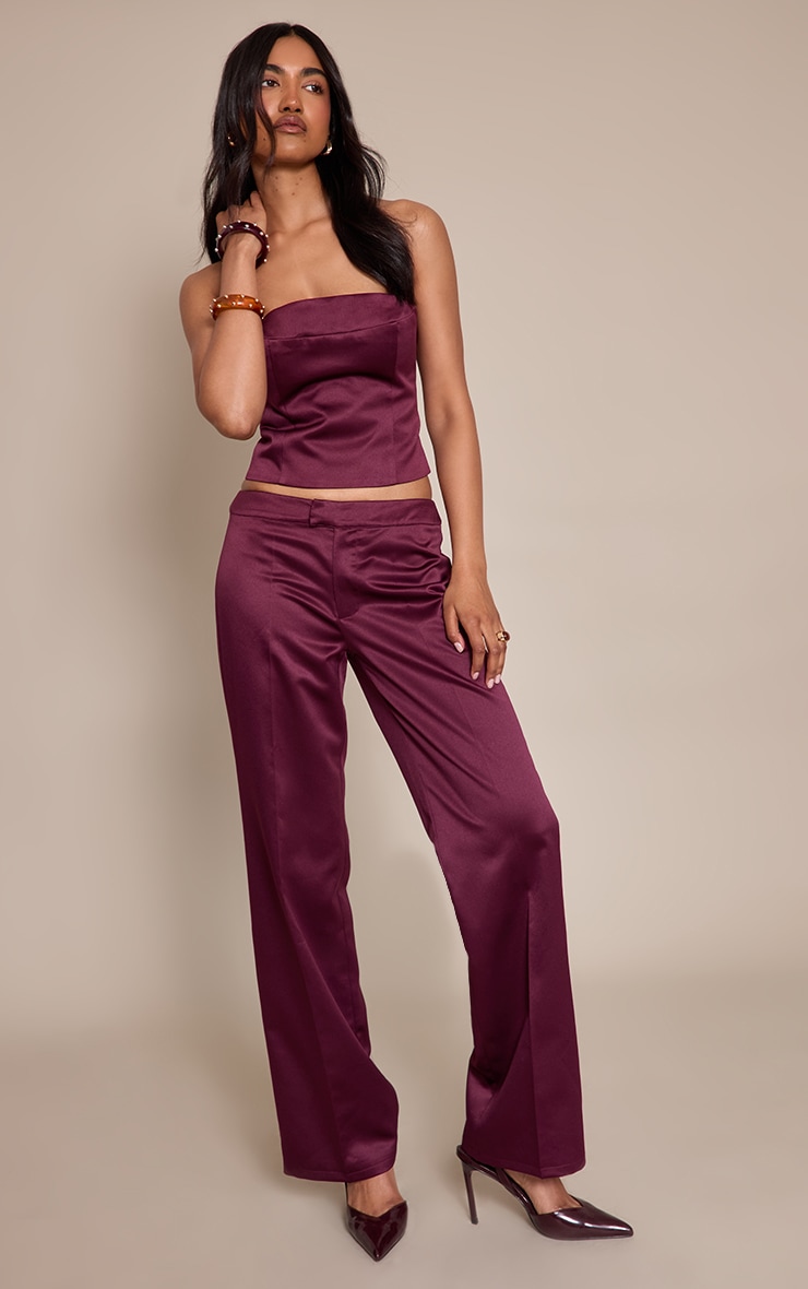 Dark Wine Satin low Rise Straight Leg Pants