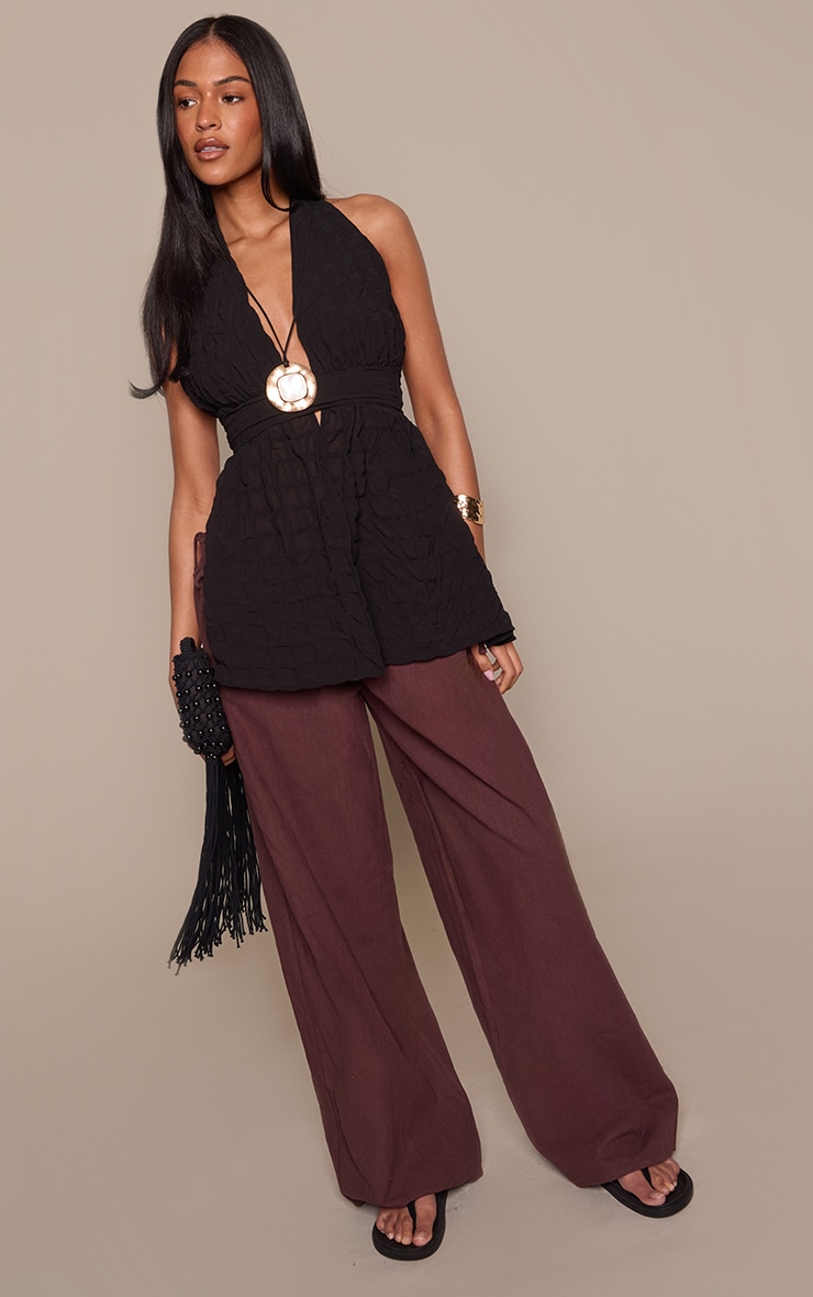 Tall Chocolate Premium Linen Look Side Tie Detail Wide Leg Trousers