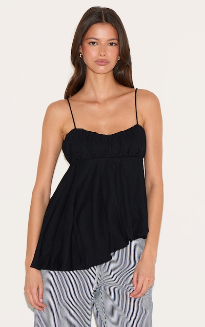 Black Linen Blend Puff Ball Asymmetric Cami