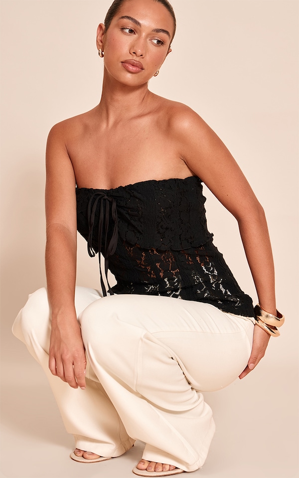 Black Fitted Lace Bandeau Longline Top