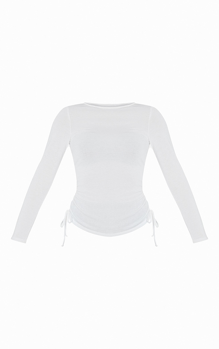 Cream Cotton Ruched Side Long Sleeve Top PrettyLittleThing USA