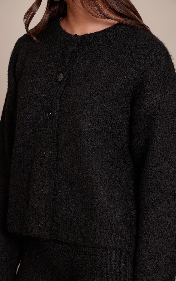 Black Brushed Oversized Detail Round Neck Cardigan image 4