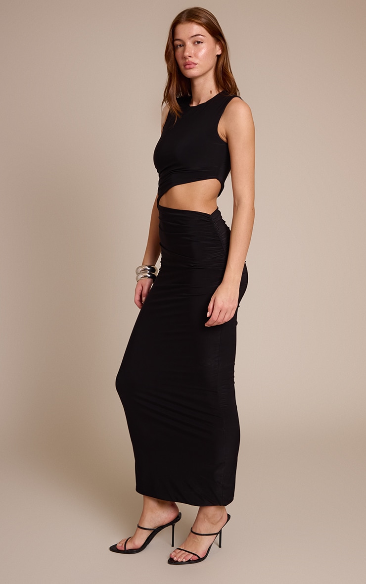 Black Double Layer Slinky Cut Out Maxi Dress image 3