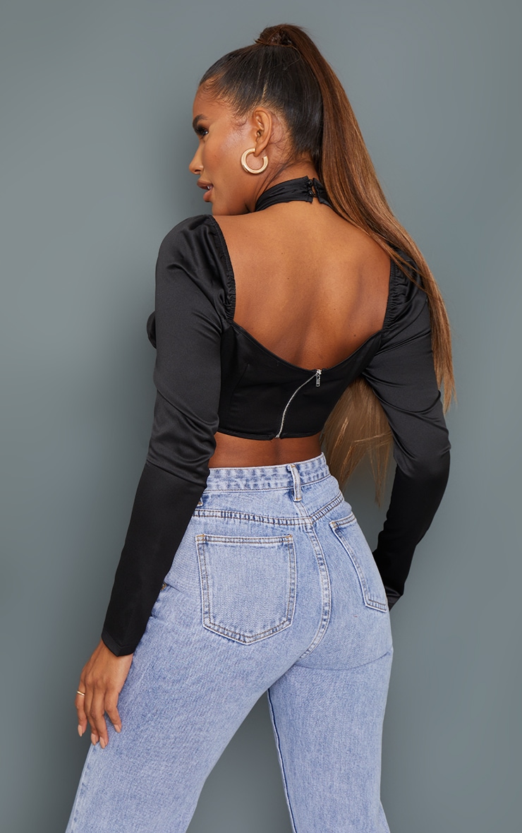 Black Satin Halterneck Underbust Long Sleeve Curved Hem Corset image 2