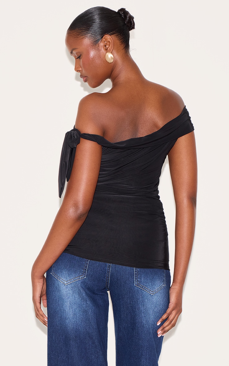 Black Double Layer Slinky Tie Shoulder Bardot Long Top image 2