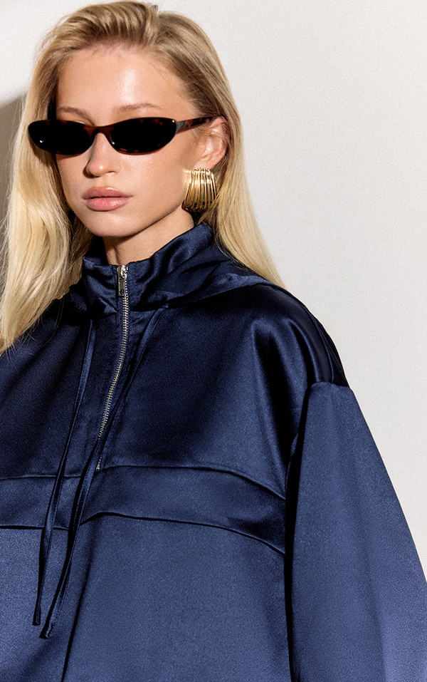 Navy Satin Zip Up Hooded Pullover Jacket