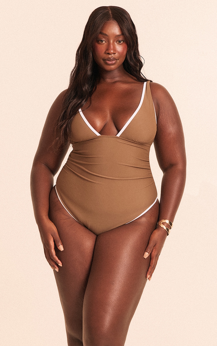 Plus Mushroom Contrast Binding Plunge Ruched Swimsuit image 4