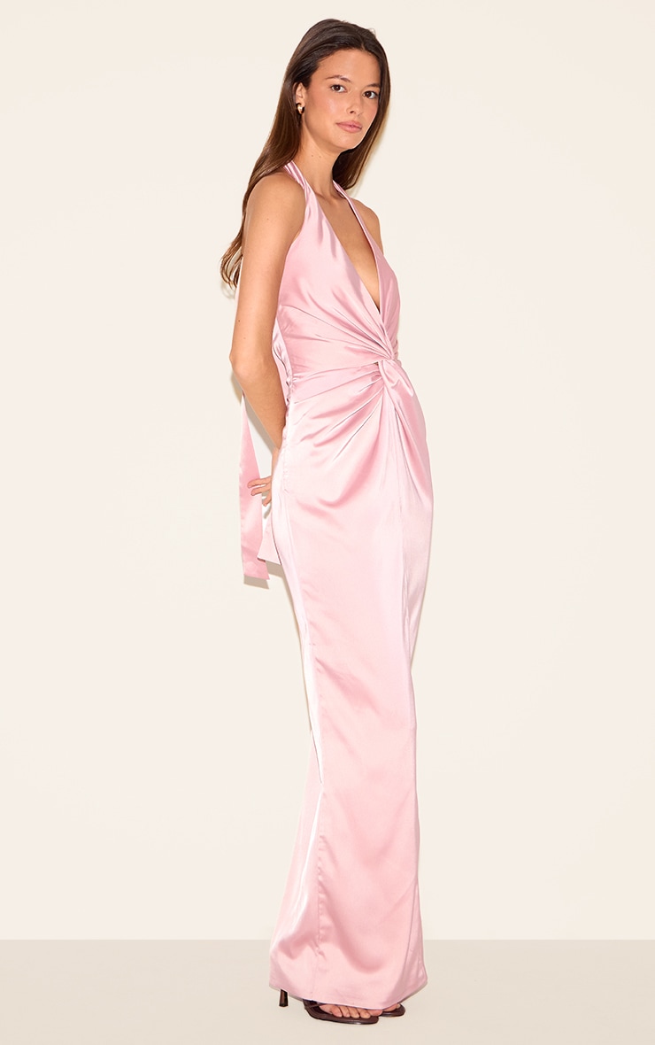 Pink Bridesmaid Satin Twist Detail Halterneck Maxi Dress image 3