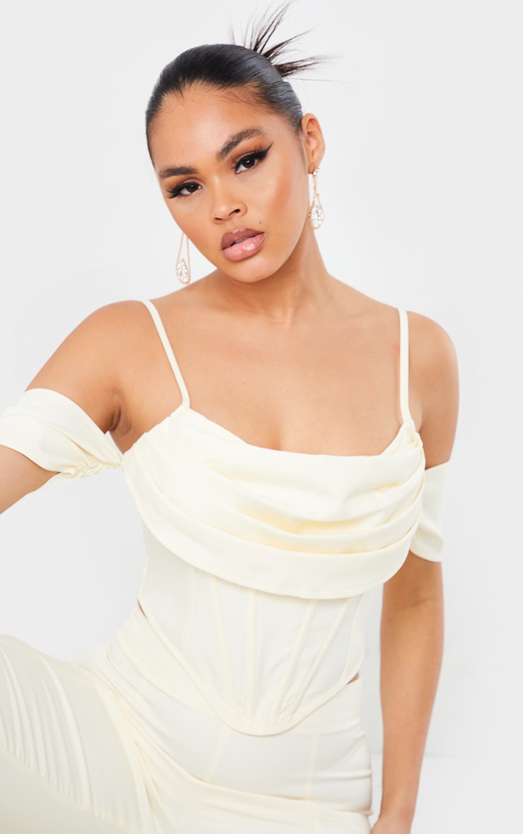 Cream Woven Strappy Bardot Draped Front Corset Detail Top
