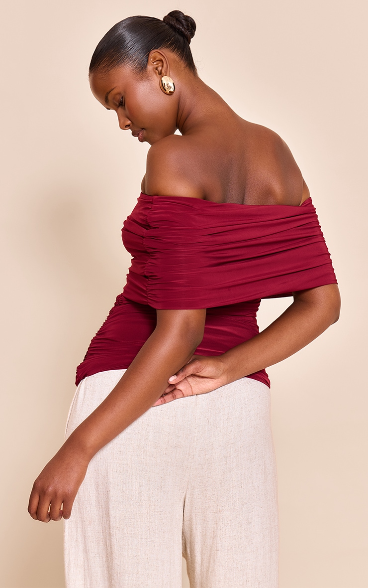 Deep Red Double Layer Slinky Ruched Bardot Long Top image 2