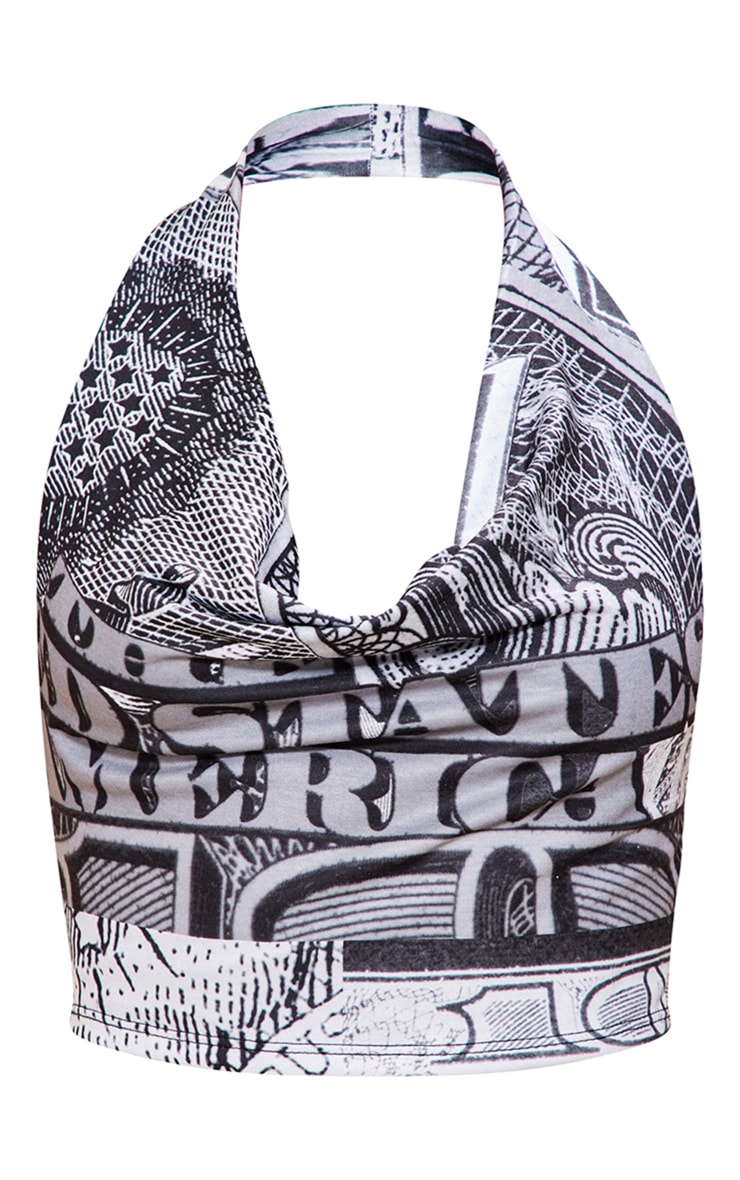 Black Printed Jersey Cowl Neck Crop Top image 5