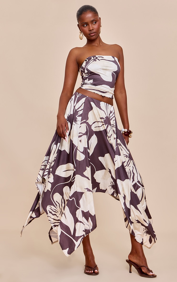 Brown Floral Print Double Layer Slinky Bandeau Top image 3