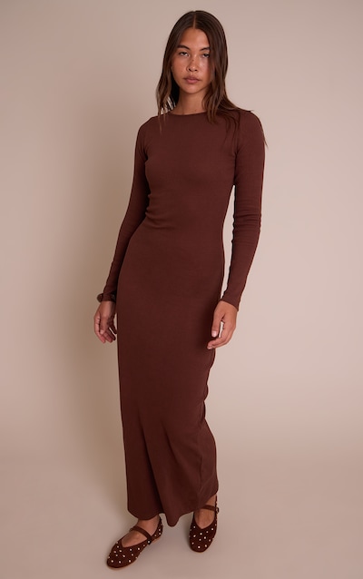 Chocolate Ribbed Boat Neck Long Sleeve Bodycon Maxi Dress