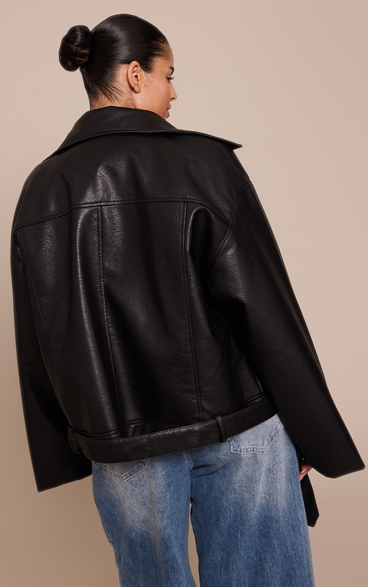 Plus Black Oversized Biker  Faux Leather Jacket image 2