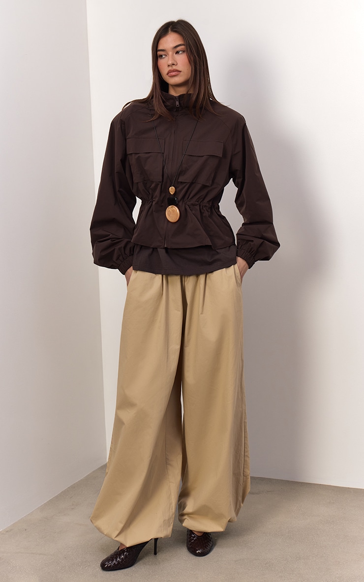 Chocolate Funnel Neck Cinched Utility Windbreaker image 4
