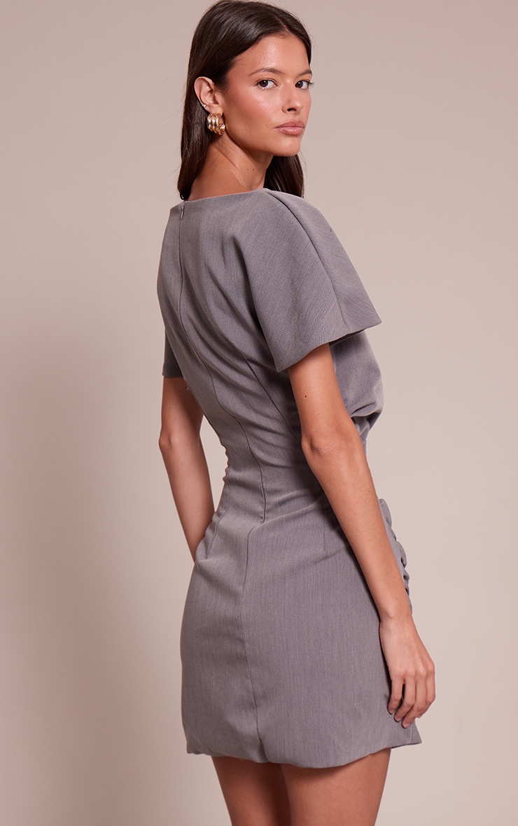 Grey Woven Ruched Short Sleeve Mini Dress image 2