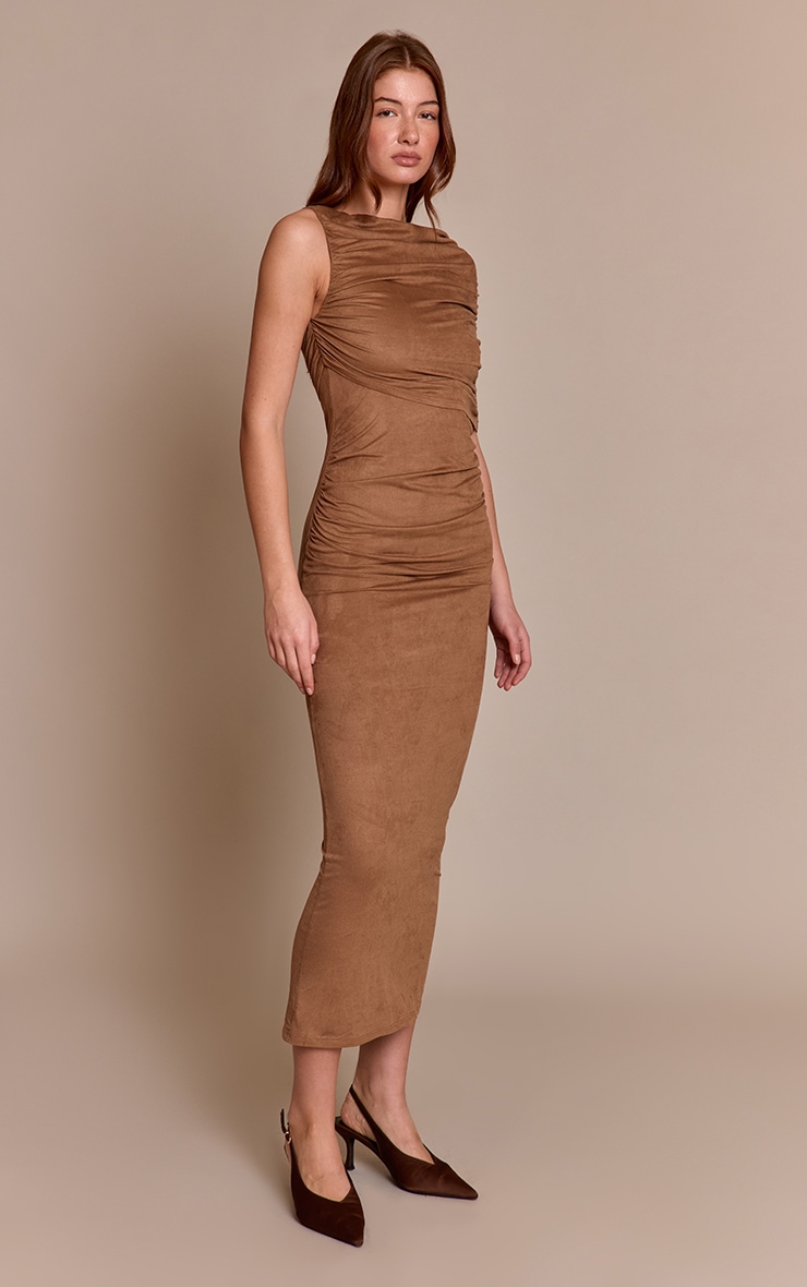 Robe longue en suédine gris pierre à épaule unique drapée image 3