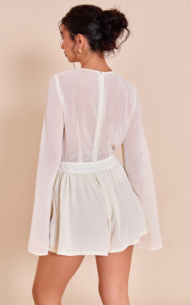 Cream Chiffon Long Sleeve Tie Detail Floaty Romper image 2