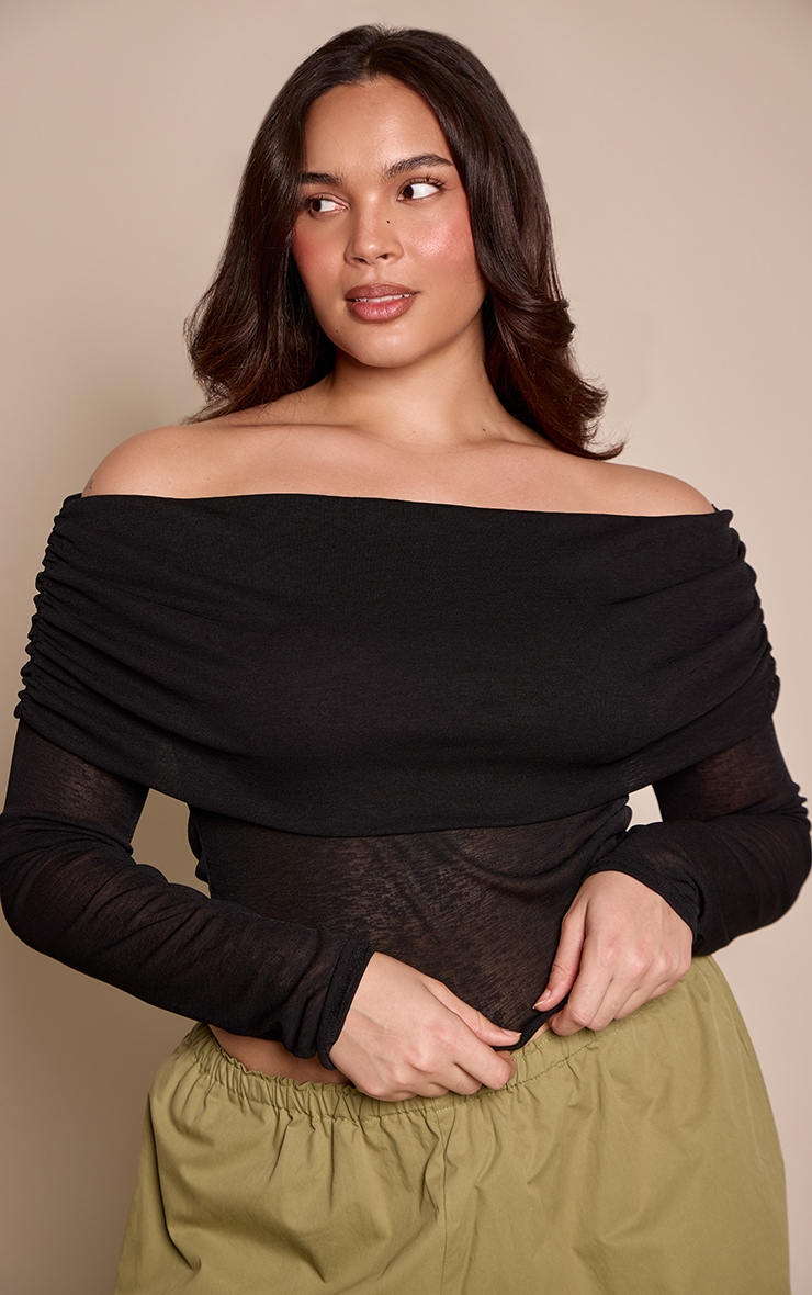 Plus Black Bardot Long Sleeve Top