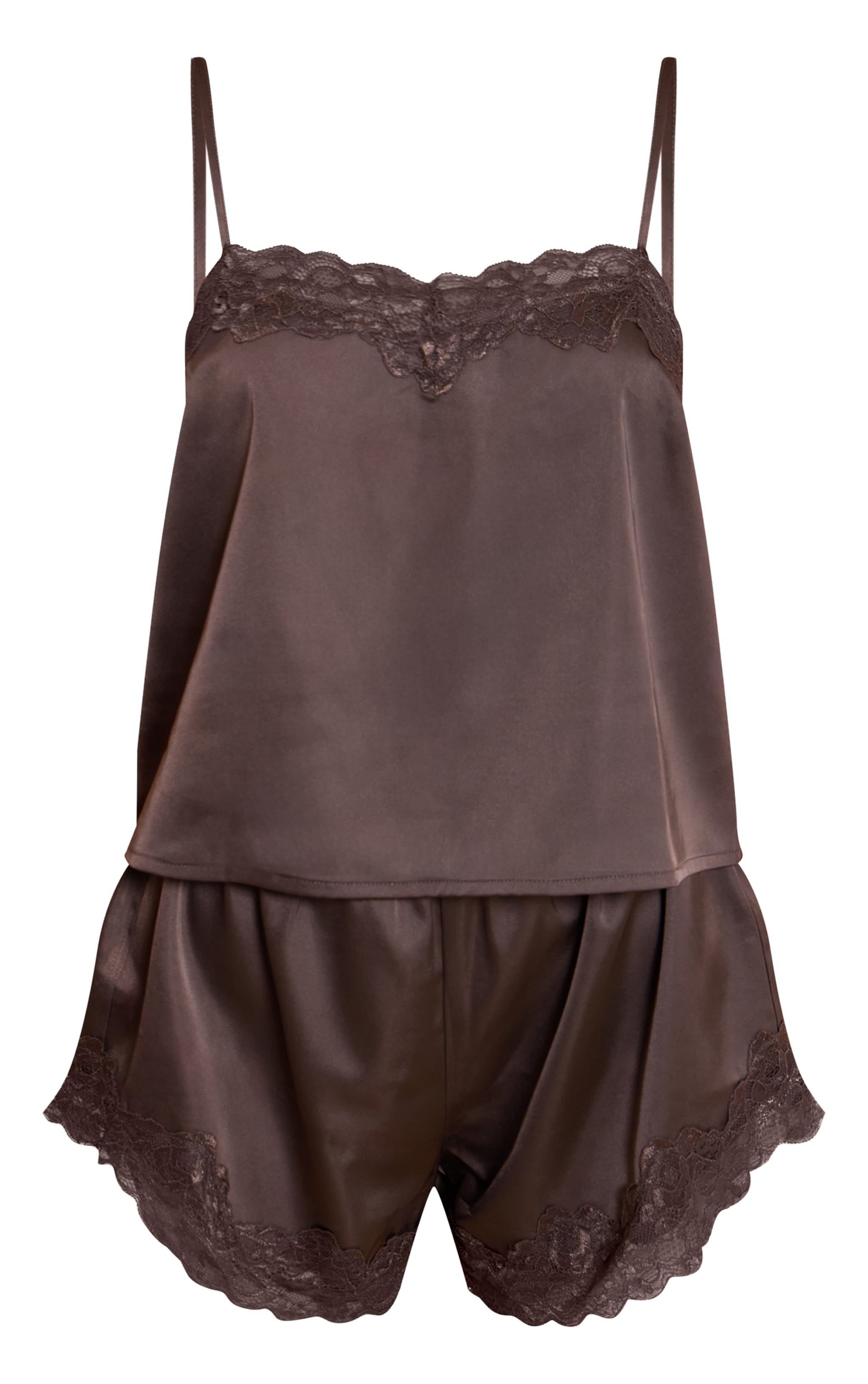 Mocha Satin Lace Detail Shorts Cami PJ Set image 5