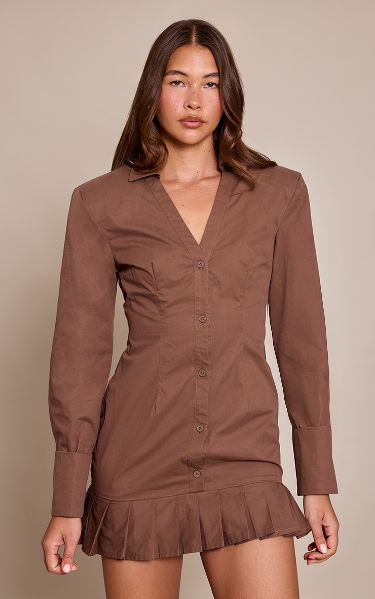 Chocolate Pleated Hem Button Down Shirt Dress
