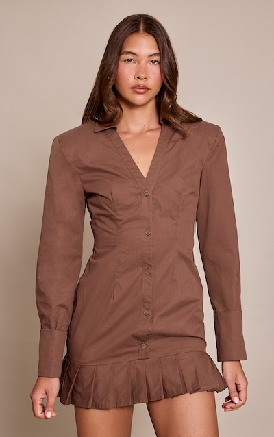 Chocolate Pleated Hem Button Down Shirt Dress