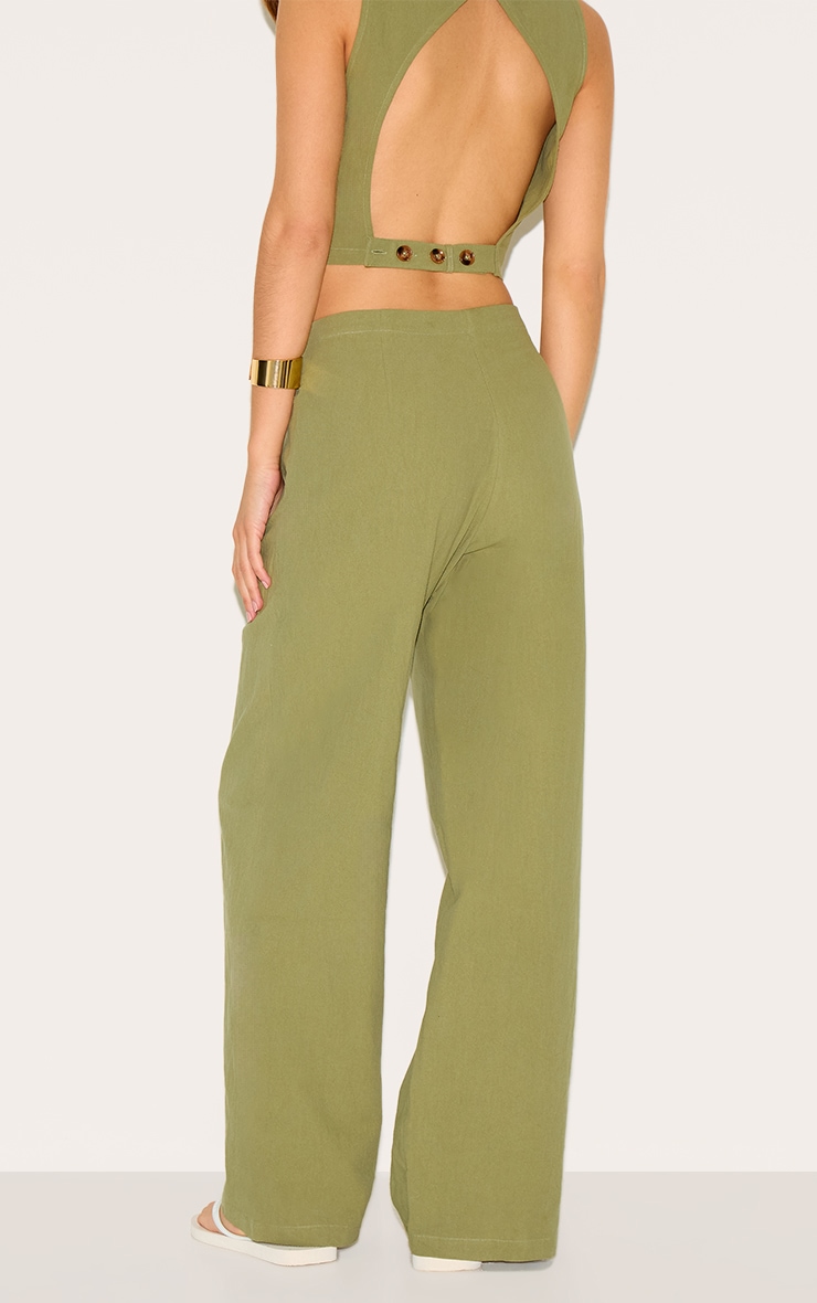 Khaki Linen Look Mid Rise Wide Leg Pant image 3