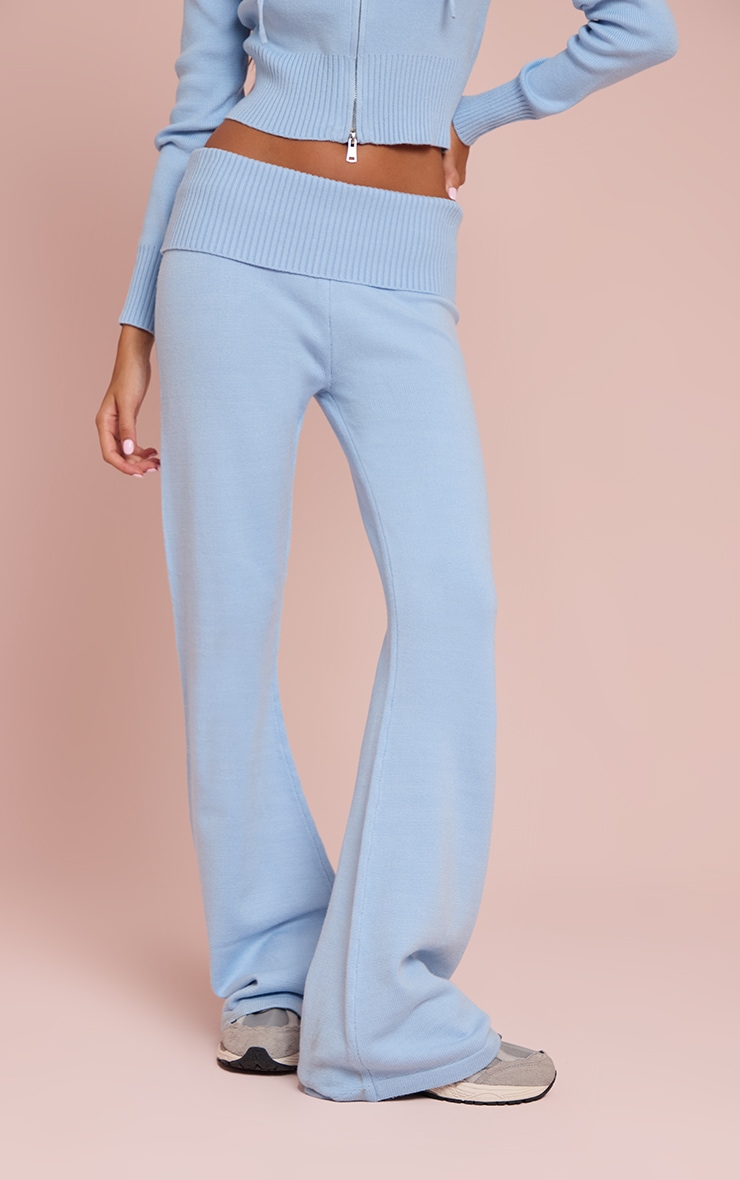 Light Blue Fold Over Waist Band Flared Knitted Pants image 2