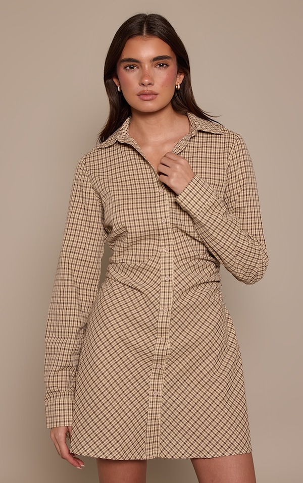 Cream Check Button Down Ruched Long Sleeve Shirt Dress