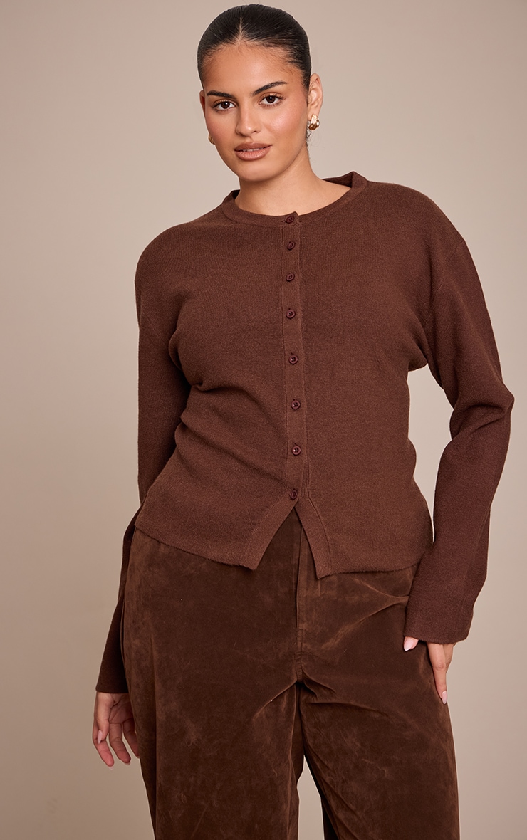Plus Chocolate Button Down Long Sleeve Knitted Top