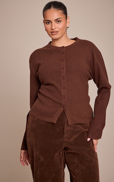 Plus Chocolate Button Down Long Sleeve Knitted Top